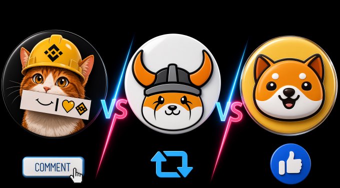 Three circular icons showing a cat in a hard hat with a 'I ❤️ BNB' speech bubble, a Shiba Inu dog wearing a viking helmet, and a smiling Shiba Inu are displayed with 'VS' graphics between them, alongside 'COMMENT' and a thumbs-up button.