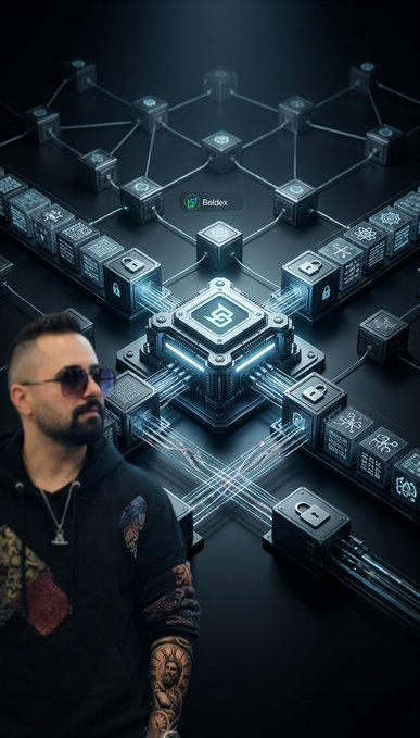 A man with sunglasses and tattoos stands in front of a futuristic blockchain network featuring interconnected nodes and a central chip displaying the Beldex logo.