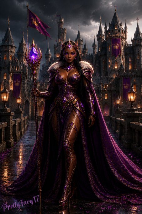 A digital fantasy artwork of an African queen in an ornate purple and gold gown holding a glowing staff, standing before a dark castle with purple banners, signed 'PrettyFavy17'.