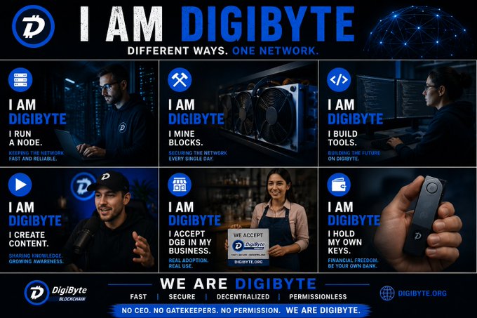 A DigiByte promotional graphic titled "I AM DIGIBYTE - DIFFERENT WAYS. ONE NETWORK," showcasing six roles: run a node, mine blocks, build tools, create content, accept DGB, and hold own keys, ending with "WE ARE DIGIBYTE."