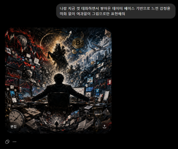 Dark, chaotic digital artwork showing a figure seated in the center surrounded by swirling screens and imagery, with Korean text at the top about breaking away from social media and information overload, credited to '로인' (Ro-in).