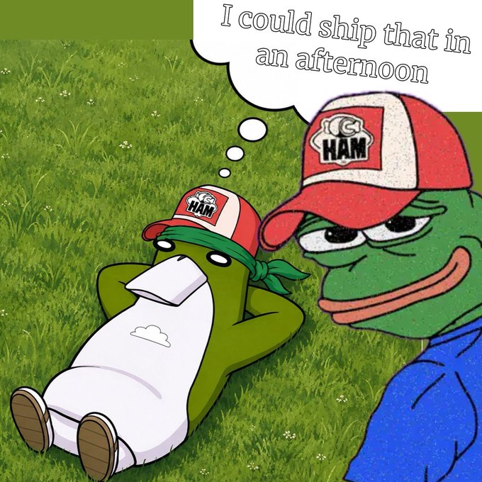 A meme of two Pepe the Frog characters wearing 'HAM' hats lying in grass, with a thought bubble saying 'I could ship that in an afternoon.'