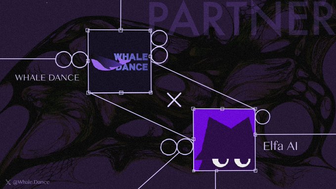 The graphic showcases a partnership between Whale Dance and Elfa AI against a dark purple background with the word "PARTNER" prominently displayed. It visually announces the integration of Ask Max on @whaledotdance with 0G, where Whale Dance and Elfa AI collaborate to provide users with secure, onchain AI-driven trading insights.