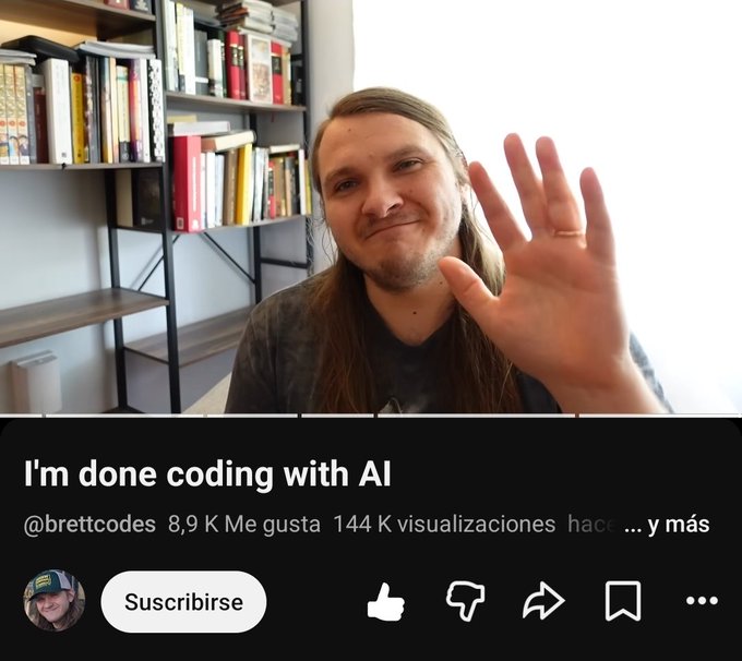 The image shows a YouTube video thumbnail from @brettcodes titled "I'm done coding with AI," featuring a long-haired man waving in front of a bookshelf, with 8.9K likes and 144K views.

The caption humorously contrasts AI coding tools (the video's apparent focus) with the reality that a developer could accomplish the same migration task in 30 minutes with no token costs, rather than spending a day and $50 on AI tokens.
