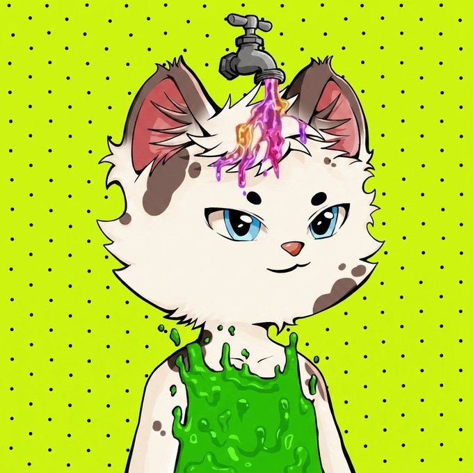 An illustration of a white and brown spotted cat character with a faucet on its head dripping colorful liquid onto its fur, wearing a green slime-like dress against a polka dot background.