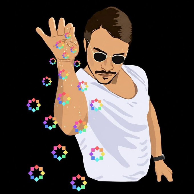 A stylized cartoon illustration of a man wearing sunglasses and a white tank top, sprinkling colorful geometric shapes from his raised hand against a black background.