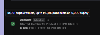 The image shows an OpenSea allowlist interface displaying "18,061 eligible wallets, up to 183,910,000 mints of 10,000 supply," along with the start time "October 14, 2025 at 7:00 PM GMT+3" and mint limit of "1.0 per wallet." This visual exemplifies the post's point about OpenSea ending blind minting by revealing in advance how many eligible wallets are competing for a given supply, letting users gauge demand before minting.