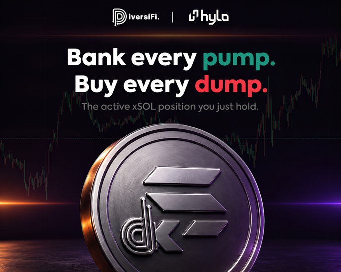A promotional graphic featuring the DiversiFi and hylo logos at the top, with the bold text "Bank every pump. Buy every dump." highlighting "pump" in green and "dump" in red, alongside the subtitle "The active xSOL position you just hold," all set against a dark background showing a green candlestick chart and a large metallic Solana-branded coin, illustrating how $dxSOL automatically manages trades on $xSOL gains and pullbacks as described in the post.