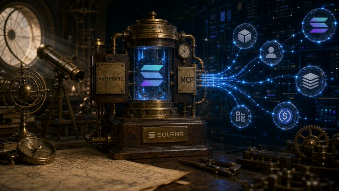 A steampunk-style digital artwork featuring a brass contraption labeled "ANTHROPIC", "MCP", and "SOLANA" with a glowing Solana logo inside, connected by blue energy lines to various tech and cryptocurrency icons including a compass and telescope.