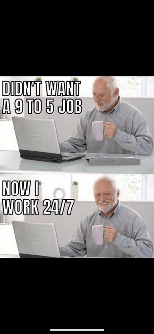 A two-panel meme showing an older man with a laptop and mug; the top reads 'DIDN'T WANT A 9 TO 5 JOB' and the bottom reads 'NOW I WORK 24/7', humorously depicting retirement or self-employment.