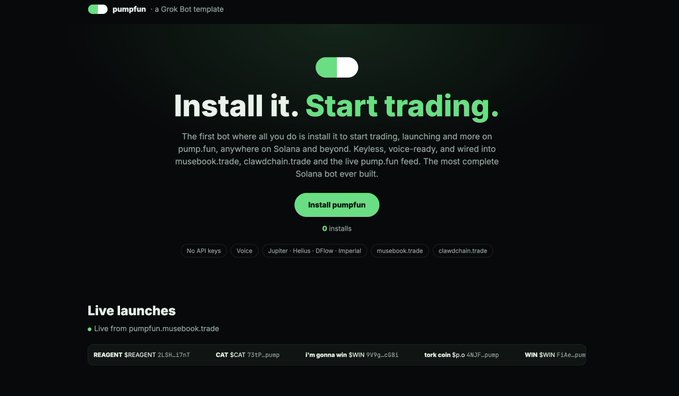 A dark website landing page for “pumpfun” reads “Install it. Start trading.” and includes an “Install pumpfun” button, topic tags, and a “Live launches” ticker.