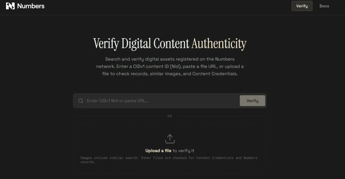 Screenshot of the 'Numbers' website interface titled 'Verify Digital Content Authenticity,' with options to enter a CIDv1 Nid or paste a URL, or upload a file to verify.