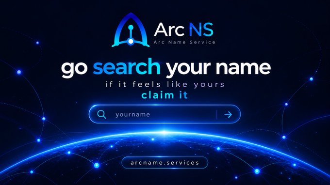 An advertisement for "Arc NS (Arc Name Service)" with the text "go search your name if it feels like yours claim it," featuring a search bar with "yourname" entered.