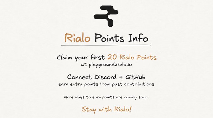 An informational graphic for Rialo Points featuring a stylized logo at the top, with handwritten instructions encouraging users to claim their first 20 Rialo Points at playground.rialo.io and connect their Discord and GitHub accounts to earn extra points from past contributions. The image aligns with the post's message, serving as a visual guide for users to participate in the Rialo Points program.