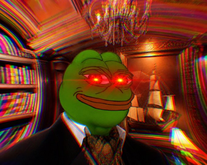The image features a cartoon frog with red eyes, wearing a suit and tie, giving off an impression of being a businessman or corporate executive. The background includes a chandelier and bookshelves filled with various books, suggesting that this scene takes place in a library or office setting. The post caption reads "GM $PEPE bros", which is likely meant to be humorous or playful due to the frog's appearance and attire.