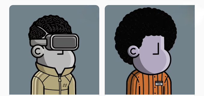 Two illustrated cartoon characters appear side by side: the left one wears a VR headset and a yellow jacket marked with an "N", while the right one has an afro and wears an orange striped shirt with a name badge.
