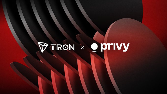The image features a sleek black and red abstract design with the logos "TRON × privy" prominently displayed, announcing an expanded partnership between Privy and the TRON network to provide enhanced tools for developers building financial applications on TRON.