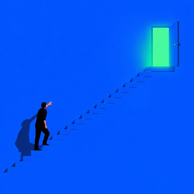 A man climbs a staircase toward a glowing green door, symbolizing the journey toward financial opportunities. The image visually represents the post's message about MEXC's multiple pathways—RealStocks, Tokenized Stocks, and Stock Futures—for gaining exposure to stocks beyond a simple ticker.