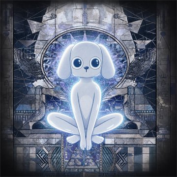 A mystical illustration of a glowing, ethereal blue dog-like creature sitting in a meditative lotus pose against an ornate, dark, stained-glass-like geometric background.
