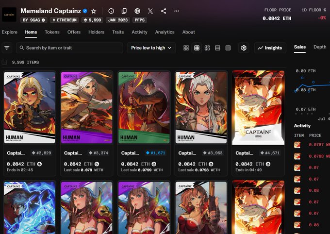 A screenshot of the Memeland Captainz NFT collection page on OpenSea, displaying 9,999 items priced at 0.0842 ETH with various character artwork in the gallery.