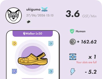 A screenshot from the STEPN app shows user "ukigumo" achieving 3.6 GST/Min with a "Walker Lv30" sneaker after a 162.62 energy walk, accompanied by a Japanese post (tagged #STEPN #P国) sharing that today's OG walk skipped the 21km goal and offering a free activation code (90380071) to anyone who wants it.