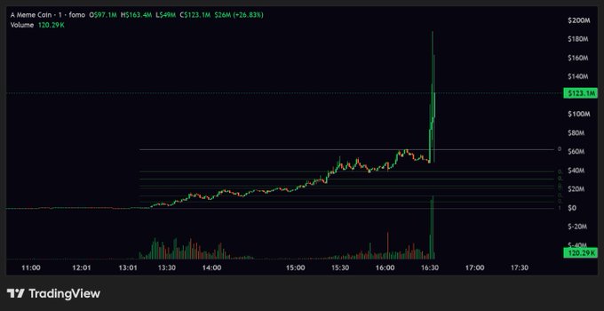 A TradingView 1-minute candlestick chart for meme coin $MEME shows a sudden, massive spike to $163.40 (+26.83%) with volume of 120.29K, justifying the post's excited reaction. The chart displays an upward trend from $120-$125 levels in the morning, followed by an explosive vertical pump around 16:30 reaching as high as $200M market cap.
