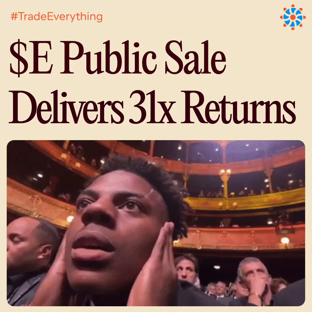 The image shows a group of people gathered at an event with a large stage in front of them. A man is holding his hands up to his face, looking surprised or shocked by something happening on stage. The text in the image reads "SE E Public Sale Delivers 3.5x Returns", indicating that the event is related to a public sale and the attendees are receiving three and a half times their initial investment back.