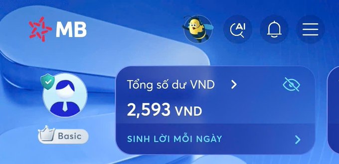 A mobile banking app screen for MB (Military Bank) showing a balance of 2,593 VND with a user profile marked as 'Basic'.