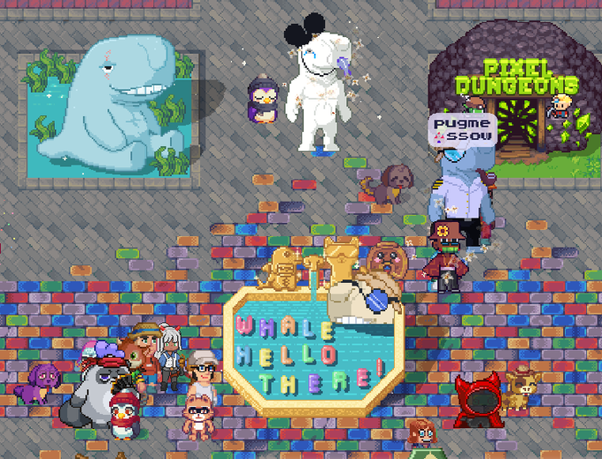 A pixel art scene featuring various cartoon characters, a blue whale in a pool, and a sign reading 'WHALE HELLO THERE!', with a stone archway labeled 'PIXEL DUNGEONS' and a sign saying 'PUGME AS5OW'.