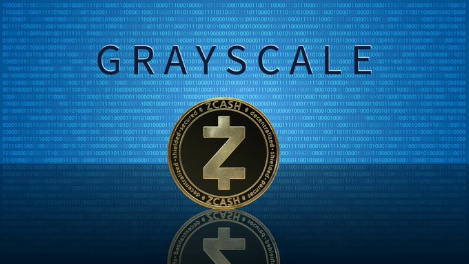 A promotional image featuring the text 'GRAYSCALE' above a golden Zcash (ZEC) coin against a blue background of binary code, with the coin's reflection visible below.