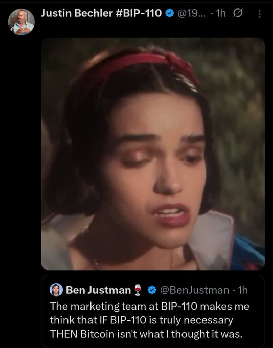 A tweet from Justin Bechler #BIP-110 featuring a Snow White meme and a quote-tweet from Ben Justman criticizing the BIP-110 marketing team.