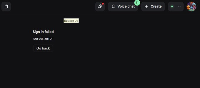 A dark screen displays a 'Sign in failed' error message with 'server_error' beneath it, alongside a 'Go back' button and a 'Restore Up' link at the top.