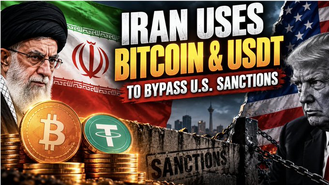 A graphic thumbnail reading 'IRAN USES BITCOIN & USDT TO BYPASS U.S. SANCTIONS', featuring portraits of Iran's Supreme Leader and Donald Trump alongside Bitcoin and Tether coin imagery.
