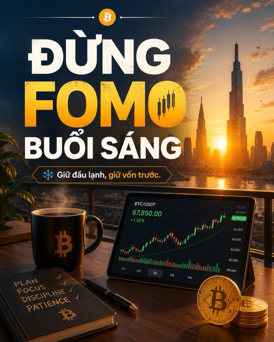 A Vietnamese-language graphic titled 'ĐỪNG FOMO BUỔI SÁNG' (Don't FOMO in the morning) advising 'Giữ đầu lạnh, giữ vốn trước' (Keep a cool head, protect your capital first), featuring a BTC/USDT chart showing 67,850.00.