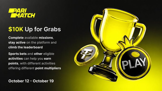 A Parimatch promotional graphic announcing '$10K Up for Grabs' from October 12 to October 19, featuring a golden trophy and 'PLAY' coin with text about completing missions and earning points through sports bets.