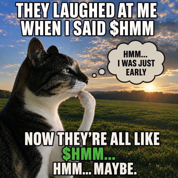 The image is the classic "philosophical thinking cat" meme, featuring a tabby cat in a thoughtful pose against a sunset field background, with a thought bubble reading "HMM... I WAS JUST EARLY." The caption mocks skeptics of $HMM: "THEY LAUGHED AT ME WHEN I SAID $HMM / NOW THEY'RE ALL LIKE $HMM... HMM... MAYBE." It ties directly to the post's tongue-in-cheek jab at doubters being forced to reconsider a ticker they previously dismissed.