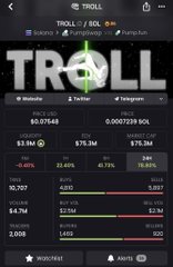 Mobile app screenshot of a trading interface labeled 'TROLL' on Solana, showing tokenomics, price ($0.0007239), and market cap ($83.8M).