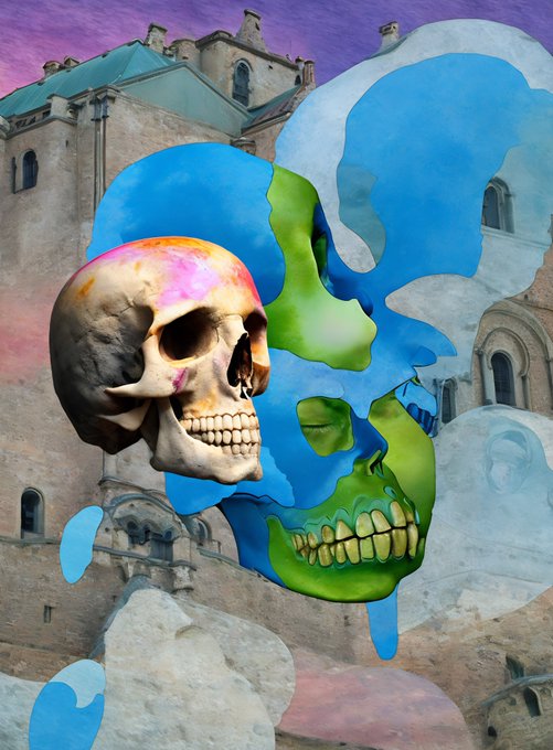 A surreal digital art collage combining a realistic human skull with a blue and green abstract skull, layered over a historical building against a purple sky.