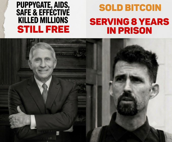 A side-by-side comparison contrasting two men: on the left, Dr. Anthony Fauci with text reading "PUPPYGATE, AIDS, SAFE & EFFECTIVE KILLED MILLIONS STILL FREE," and on the right, Ian Freeman with text stating "SOLD BITCOIN SERVING 8 YEARS IN PRISON," illustrating the post's point about perceived inconsistencies in how the US justice system treats different individuals.