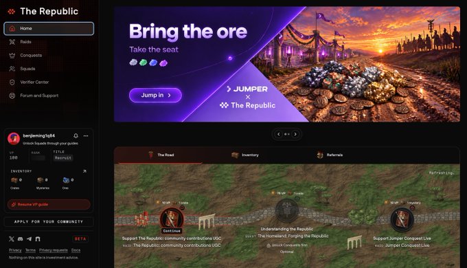 A screenshot of 'The Republic' cryptocurrency community homepage, featuring a 'Bring the ore' promotion with JUMPER and a treasure pile graphic, plus a marketplace and inventory interface below.