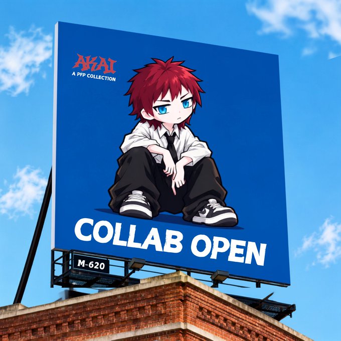 A billboard atop a brick building displays a red-haired anime-style character sitting cross-legged against a blue background, with "AKAI - A PPP COLLECTION" at the top and bold "COLLAB OPEN" text below, mirroring the post's announcement about opening collaboration opportunities for Web3 projects.