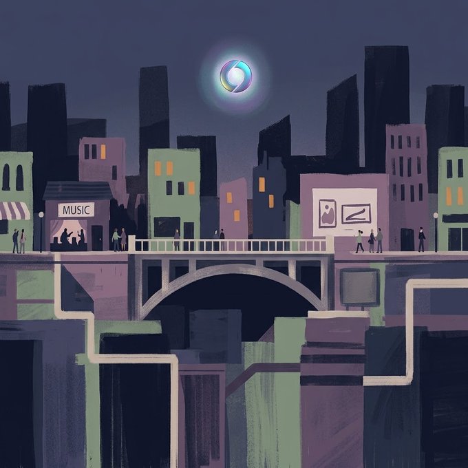 An illustrated nighttime cityscape showing stylized buildings, a bridge with silhouetted figures, and a glowing crescent moon-like logo floating in the dark sky above.