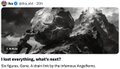 A black and white screenshot of a tweet with an image of a gorilla, reading 'I see everything, what's next?'