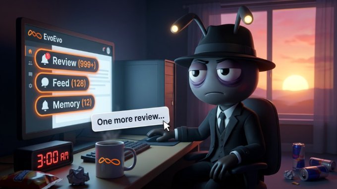 A weary, bug-eyed mascot in a fedora and tie sits at a dimly lit desk at 3:00 AM, staring at a monitor displaying "EvoEvo" with notifications for "Review (999+)", "Feed (128)", and "Memory (12)" while clicking "One more review..." amid empty energy drink cans and a cold coffee mug. The scene visually captures the exhausting grind of late-night work, reflecting the post's message about the relentless, self-driven pursuit of building on-chain memory.