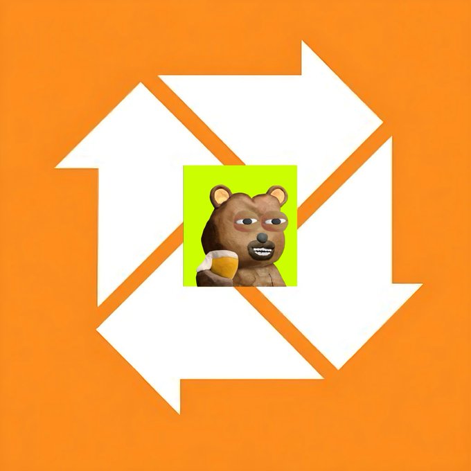 A cartoon bear character holding a beer is displayed on a green square, overlaid on an orange background with a white recycle-like arrow design.