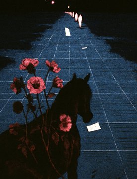 A dark, stylized digital illustration showing the silhouette of a horse among red flowers, set against a deep blue pathway marked with a white grid.