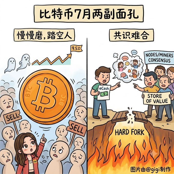 A two-panel Chinese comic titled '比特币7月两副面孔' (Bitcoin's two faces in July), showing the left side as '慢慢磨, 踏空人' (Slow grinding, short-sellers) with a declining BTC price and 'SELL' signs, and the right side as '共识难合' (Hard to reach consensus) with people holding eCash and 'STORE OF VALUE' signs over a 'HARD FORK' chasm.