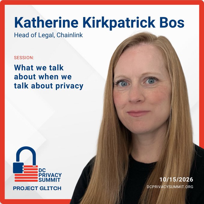 Screenshot of a webpage featuring Katherine Kirkpatrick Bos, Head of Legal at Chainlink, as a speaker for the DC Privacy Summit session 'What we talk about when we talk about privacy' on 10/15/2026.