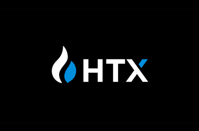 The image displays the HTX logo on a black background, featuring a white and blue flame-like icon next to the "HTX" text. This relates to the post, which lists HTX among 16 crypto platforms that Binance is cutting off in waves due to EU sanctions against Russia.