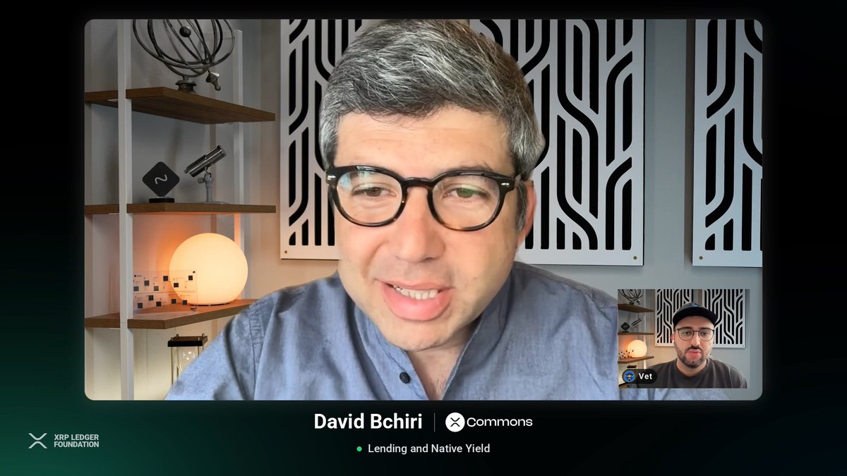 The image shows a video call with David Bchiri labeled as representing "Commons" with the topic "Lending and Native Yield," while the XRP Ledger Foundation logo appears in the bottom left corner. A smaller inset shows another participant labeled "Vet," and the setup directly visualizes the post's discussion about the upcoming native XRP Ledger lending protocol and its security advantages.